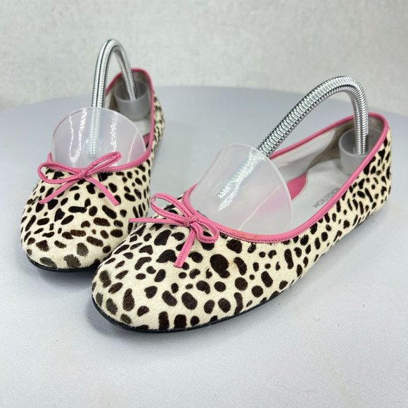 NORDSTROM Girls 3 Leather Flats Ivory Calf Hair Animal Print Pink Trim Spring - Picture 1 of 9